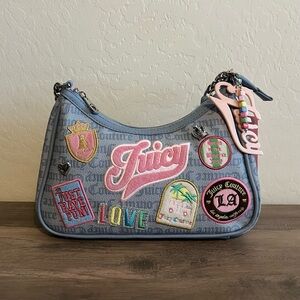 Juicy Couture Blue Denim Logo Patch Shoulder Bag with Pink Trim
